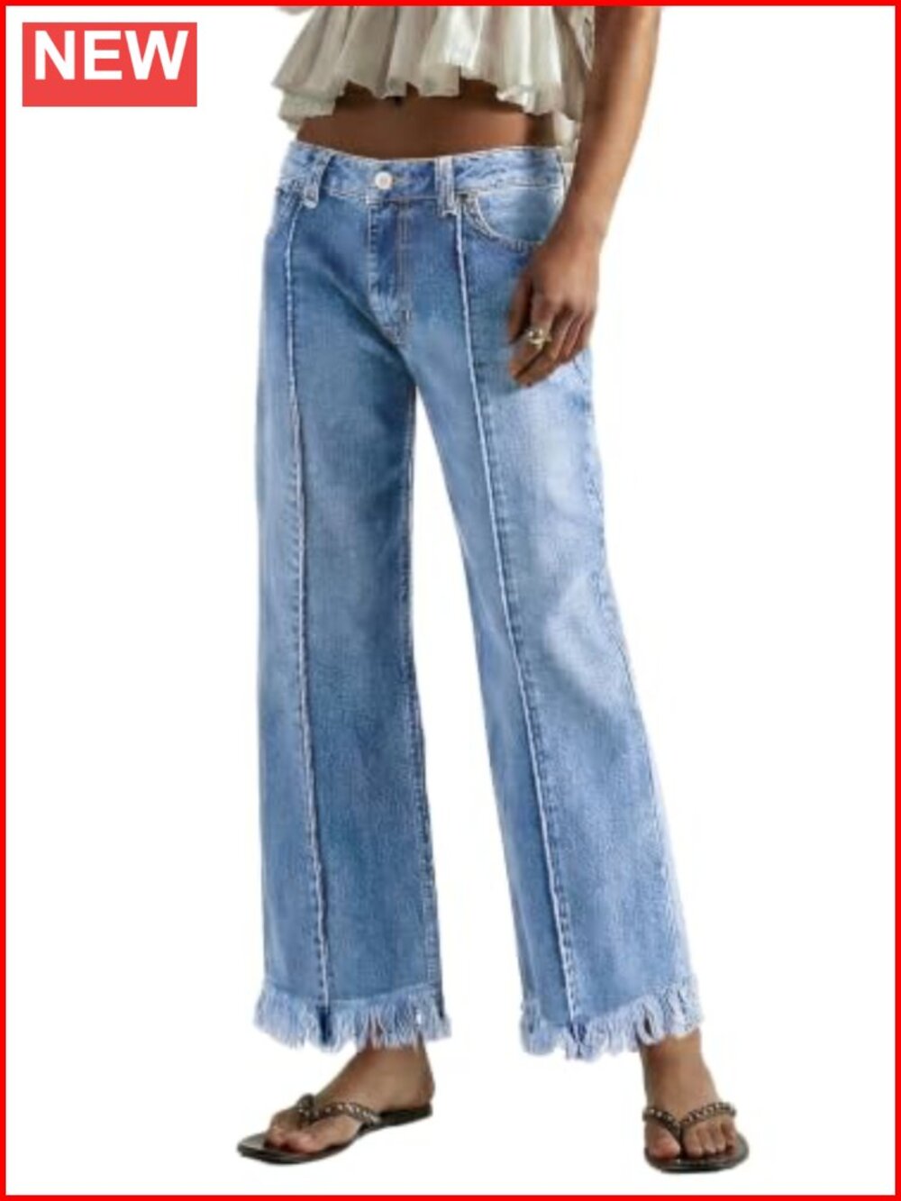 Wide Leg Jeans Mid Rise Loose Denim Pants Frayed Hem Stretch